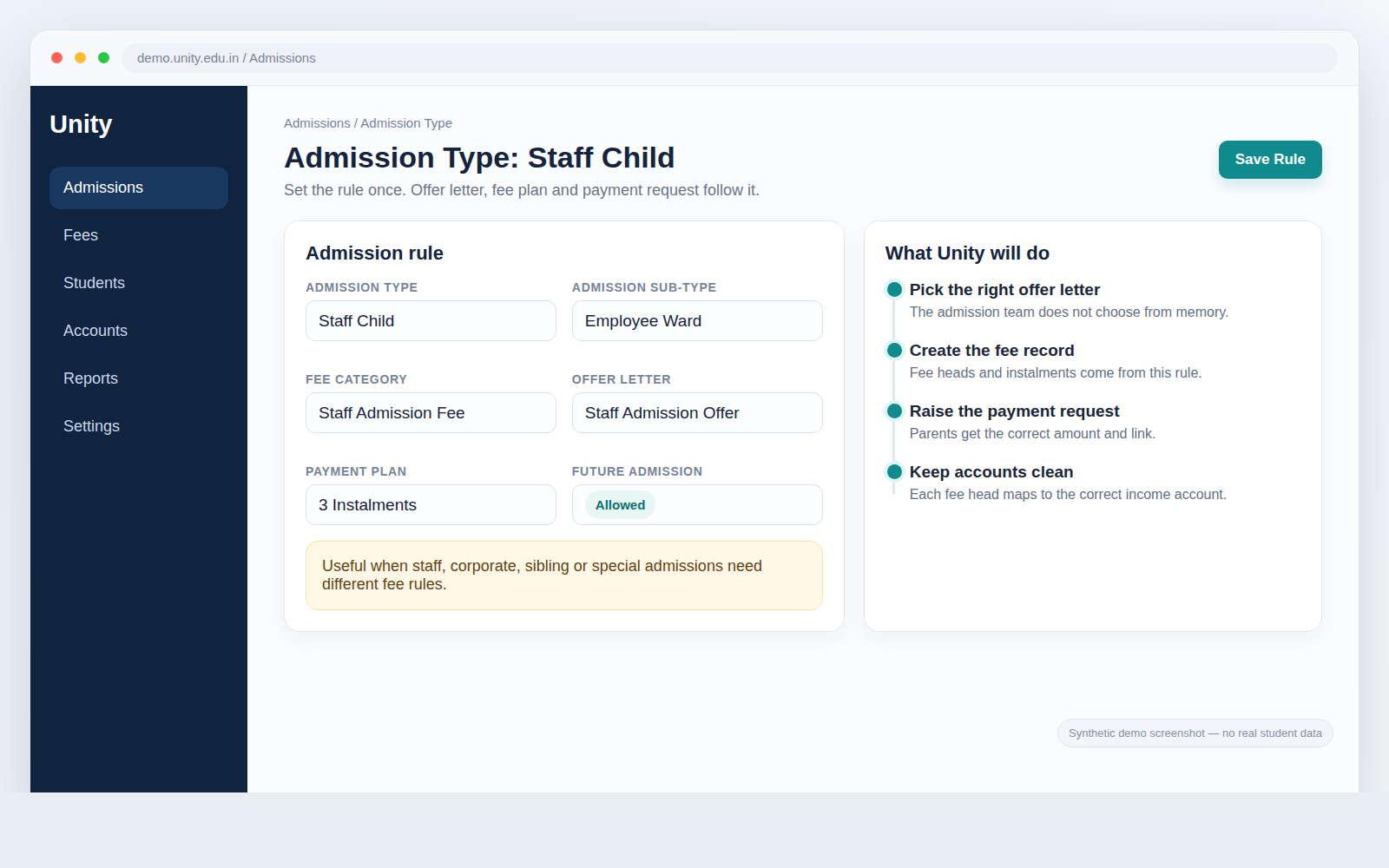 Synthetic Unity demo screen showing admission type fee rules