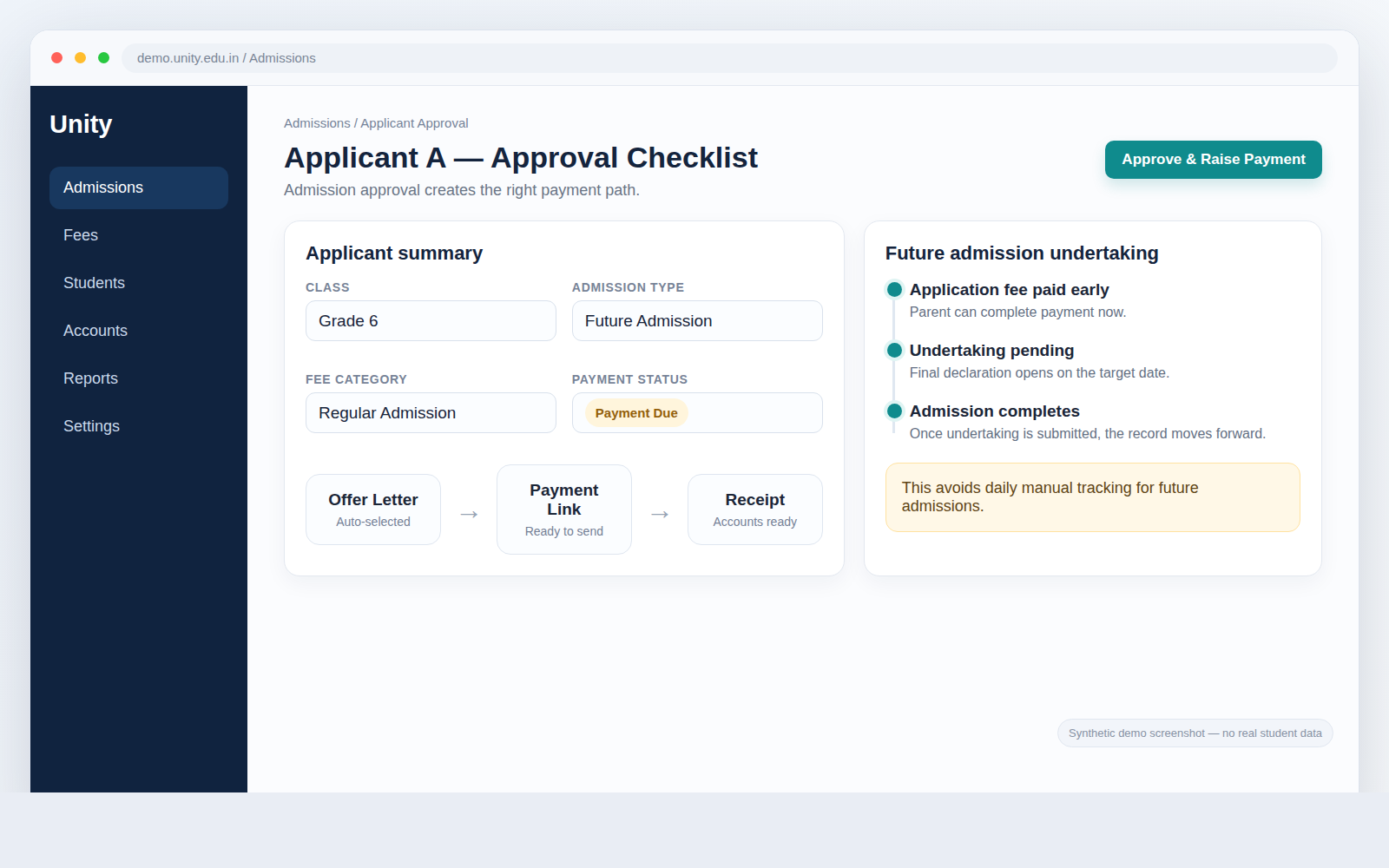 Synthetic Unity demo screen showing applicant approval, payment link, and receipt flow