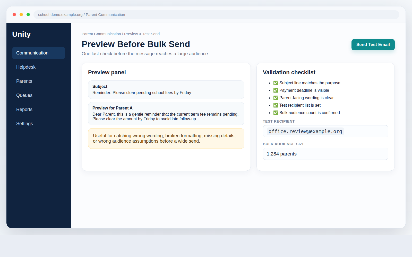 Synthetic Unity demo screen showing preview and test-send before a bulk parent message