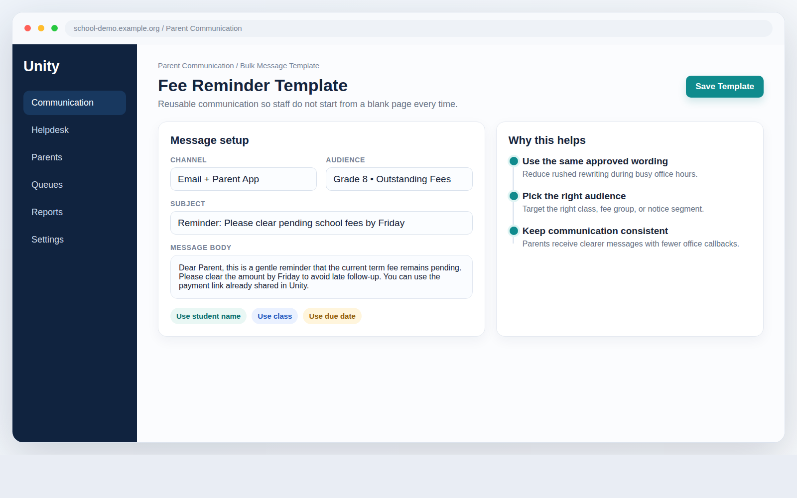 Synthetic Unity demo screen showing a reusable bulk parent communication template