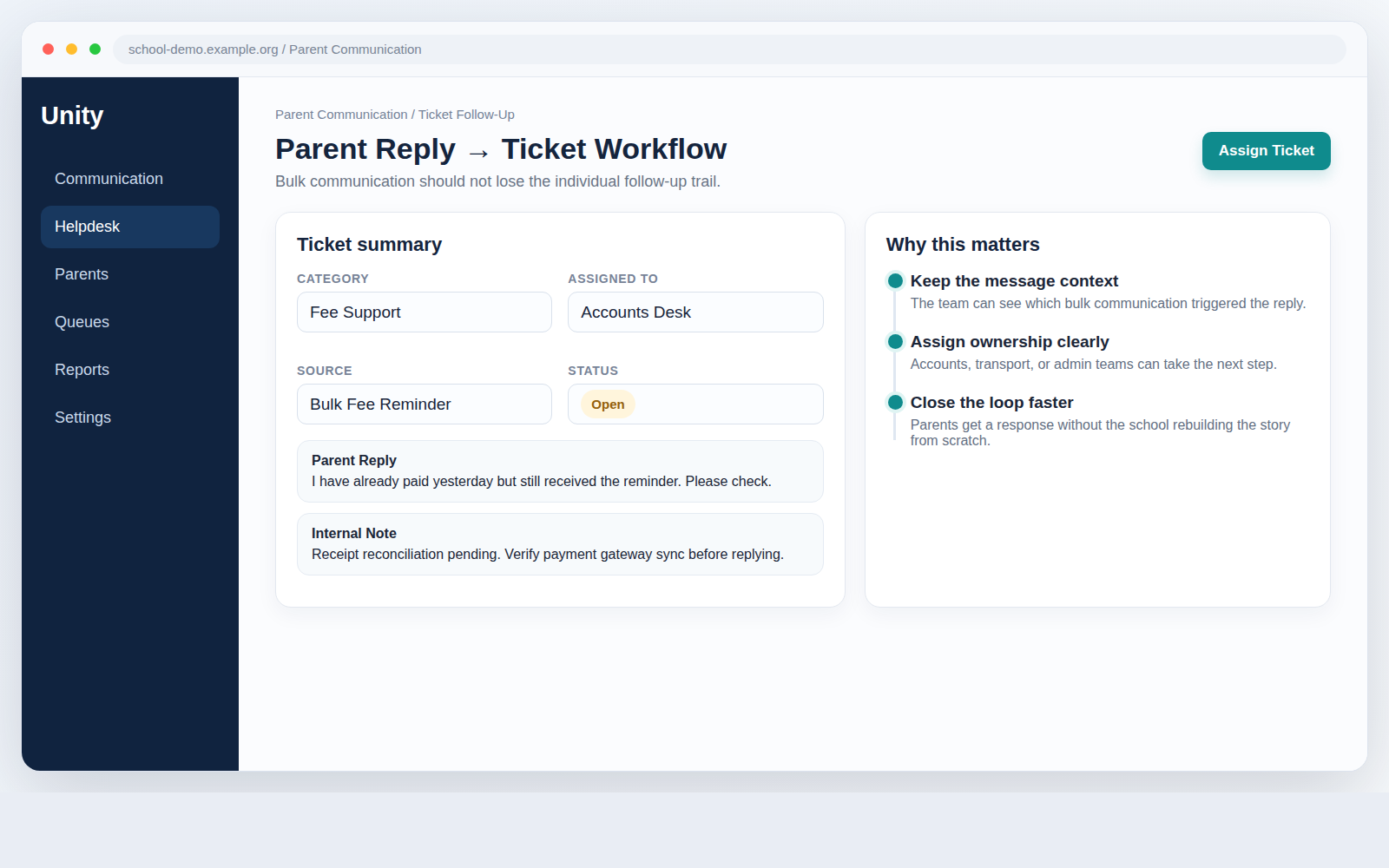 Synthetic Unity demo screen showing a parent reply turned into a trackable helpdesk ticket