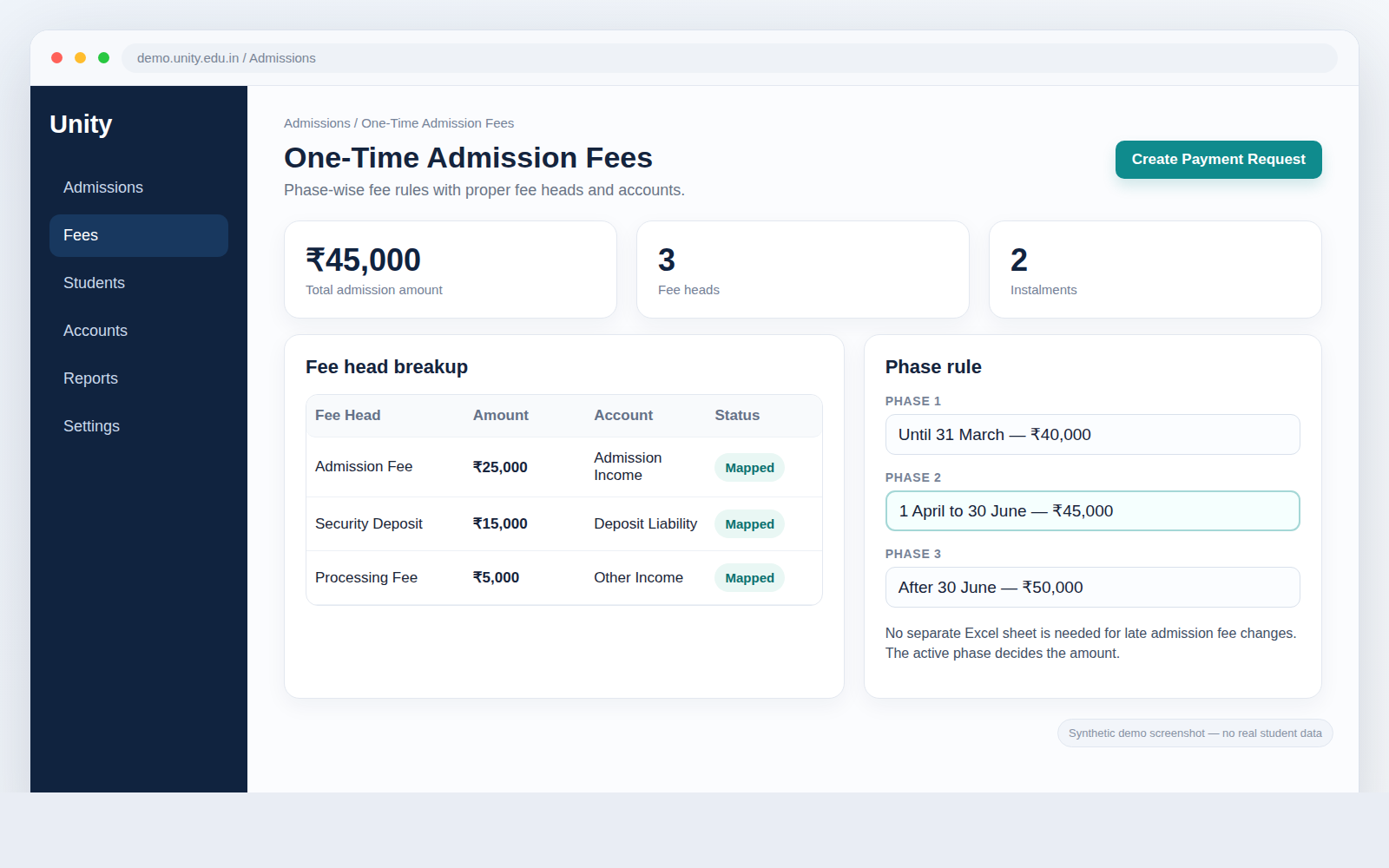 Synthetic Unity demo screen showing one-time admission fee heads and phase pricing
