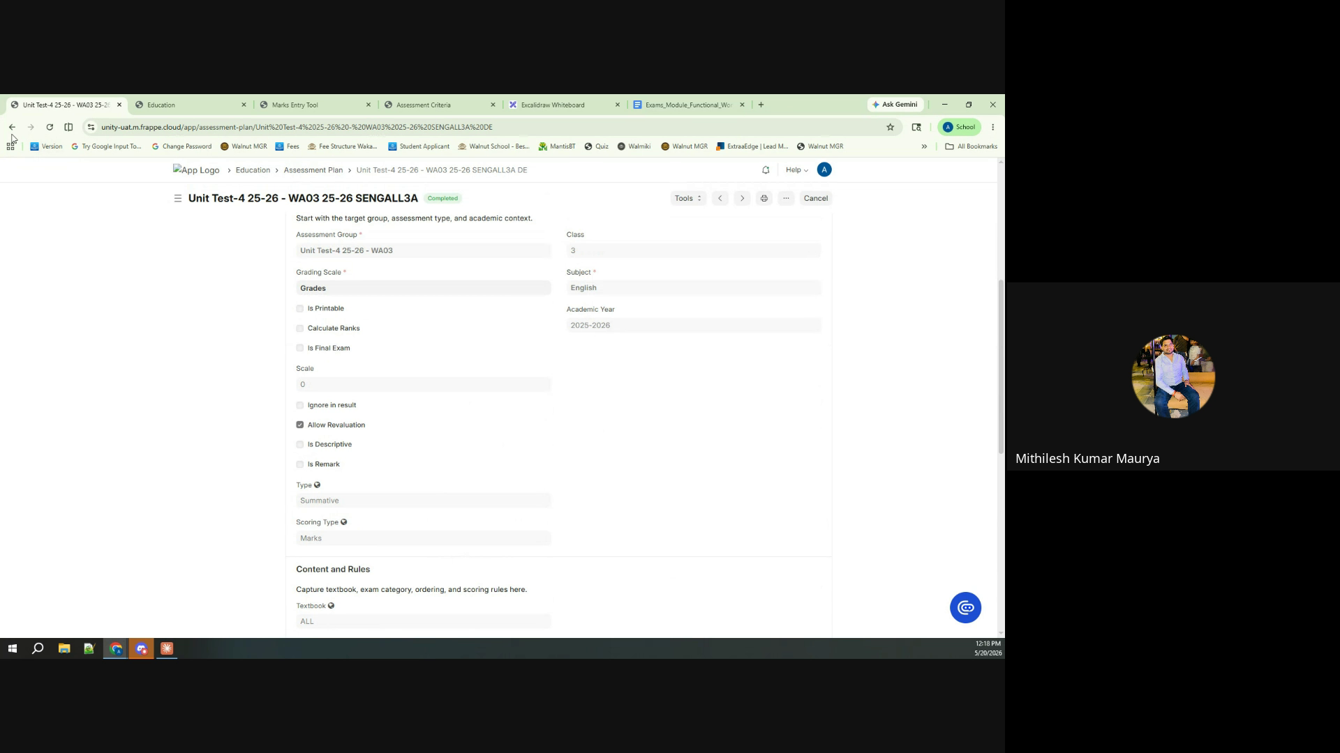 Unity product screenshot showing assessment group setup fields for online exam configuration
