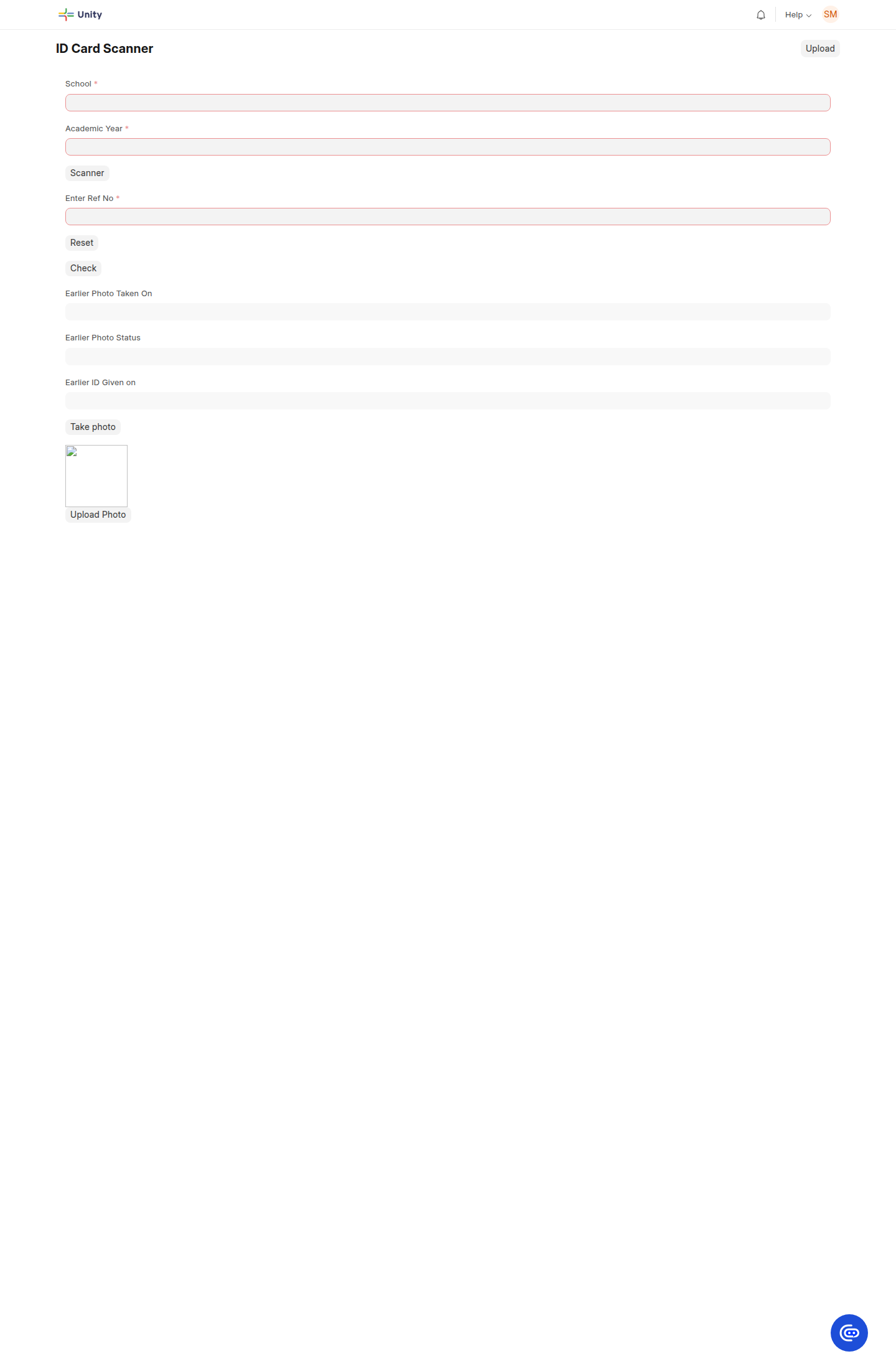 Unity UAT ID Card Scanner screen showing school, academic year, reference number, earlier photo status, and upload controls